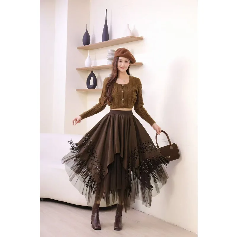フリンジ付き秋冬フェイク鹿革フリーススカートハイウエストAライン不規則なメッシュスカートハイエンドファッショナブルな婦人服