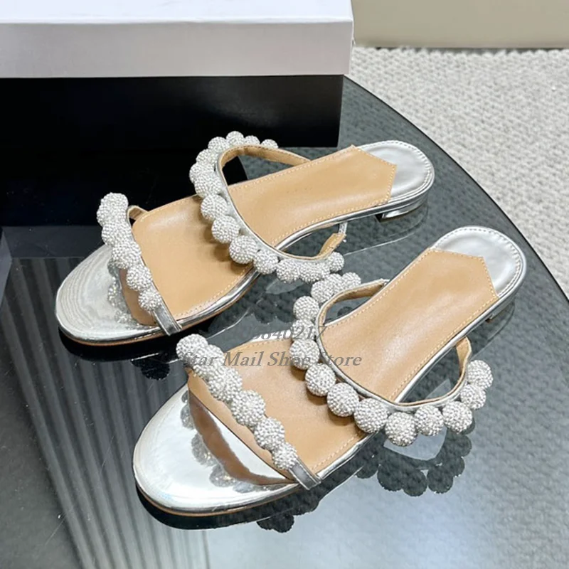 

Fashion Rhinestone Silver Round Toe Peep Toe High Heel Slipper Double Strap Crystal Ball Embellished Stiletto Slippers