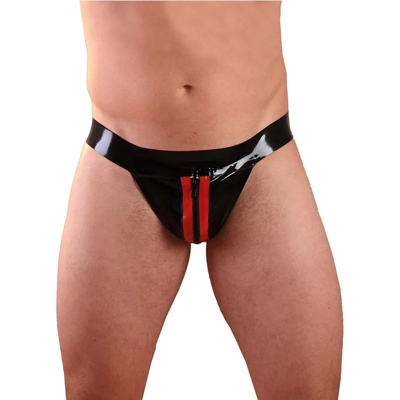 

Men Latex Shorts Black with Red Trim Front Zip Rubber Underwear Briefs