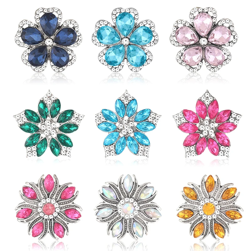 New Beauty Colorful Rhinestone Flowers 18MM snap buttons fit DIY snap bracelet necklace jewelry wholesale