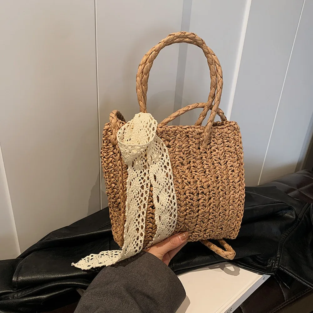 

New Solid Color Summer Weave Bags Ribbon Soft Tourist Beach Bag Tote Bag