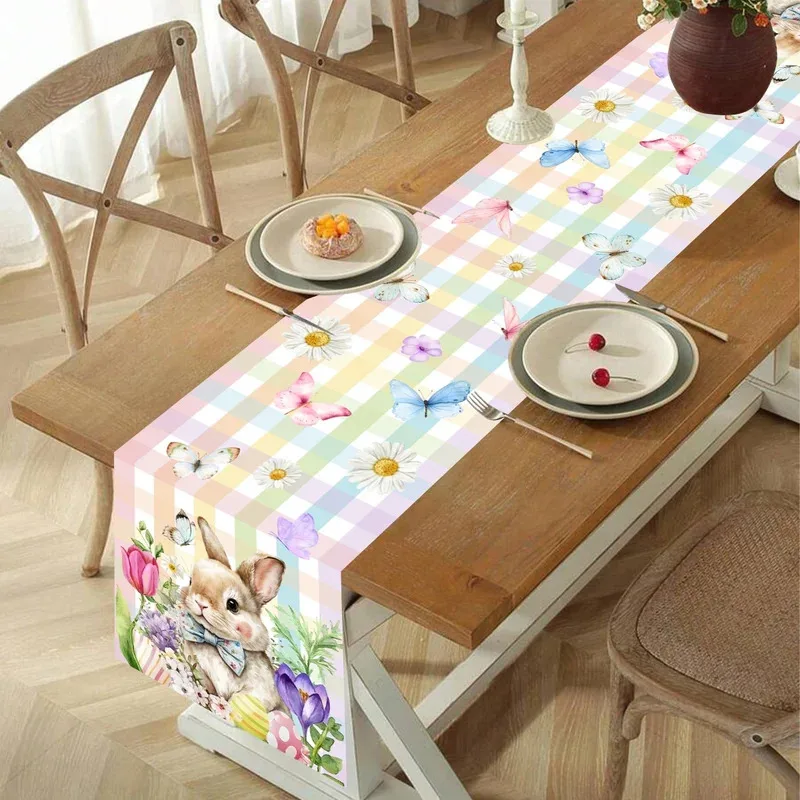 VIKAMA Tischläufer mit Ostermotiv, Frühlingsblumen, Hasen, Eier, Aufdruck, Esstischdekoration für Zuhause, Festival, Party