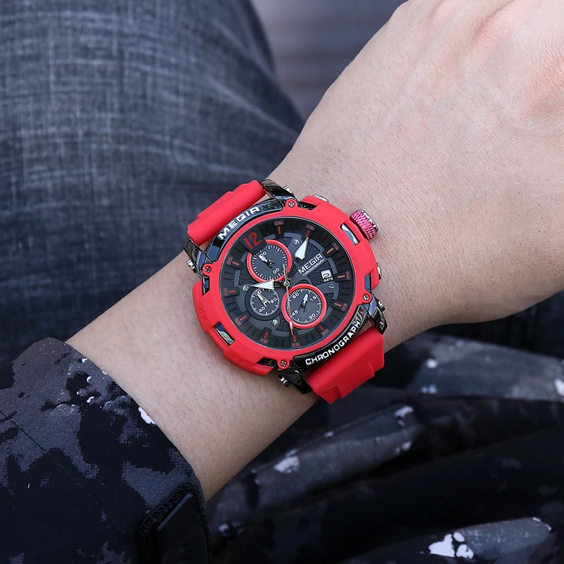 MEGIR Mens Watches Top Brand Luxury Silicone Strap Waterproof Sport Chronograph Quartz Watch for Men Clock Relogio Masculino