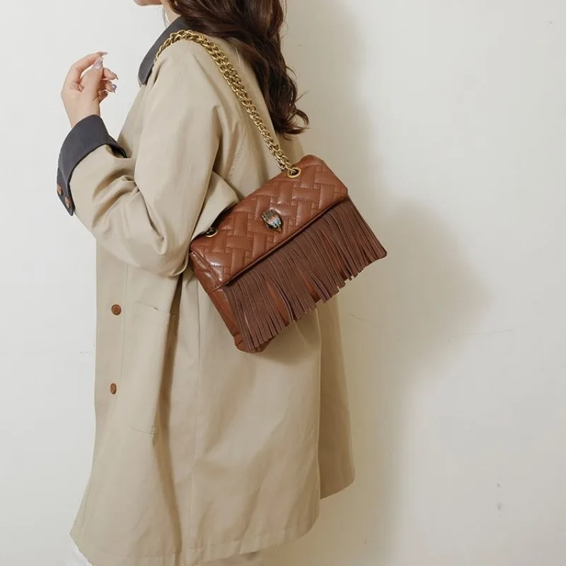 Stylish Boho Chain Crossbody Bag Maillard Color Raffia + Metallic Accent Students Campus Bag Adjustable Daily Use