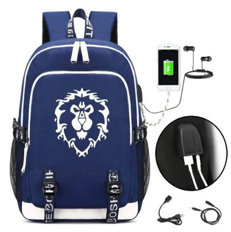 Mochila escolar World of Alliance con puerto de moda USB/cerradura/auriculares bolsa de viaje para estudiantes escolares regalo