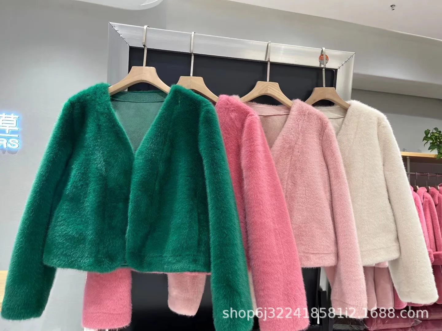Green fur short mink coat woman fashion loose fur contour coat
