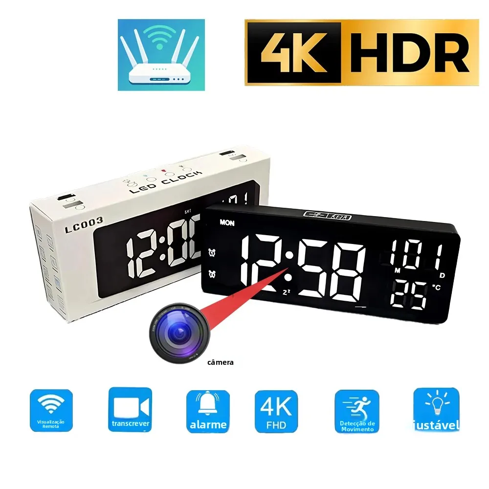 Câmera Relógio Wi-Fi Mini HD4K, Suporta Detecção de Movimento, Visualização Remota, Despertador, Luzes LED Digitais Podem Ser Desligadas