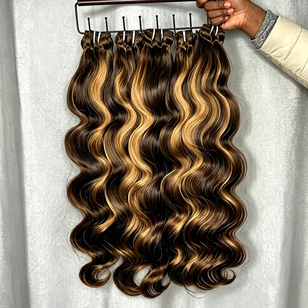14A Highlight Ombre Body Wave Bundles 100% Human Hair Raw Unprocessed Double Drawn Ombre Bundles Extensions 3 4 Bundle P4/27 Honey Blonde Colored Bundles For Black Women