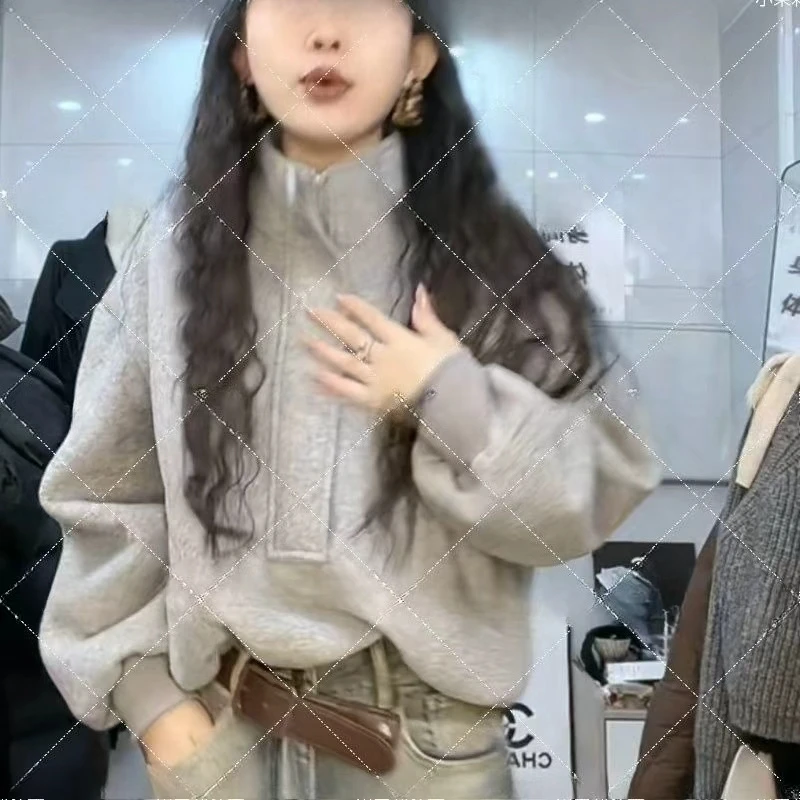 Suéter versátil de terciopelo de estilo extranjero de alta calidad con cremallera, cuello levantado americano, Top corto grueso holgado que cubre carne