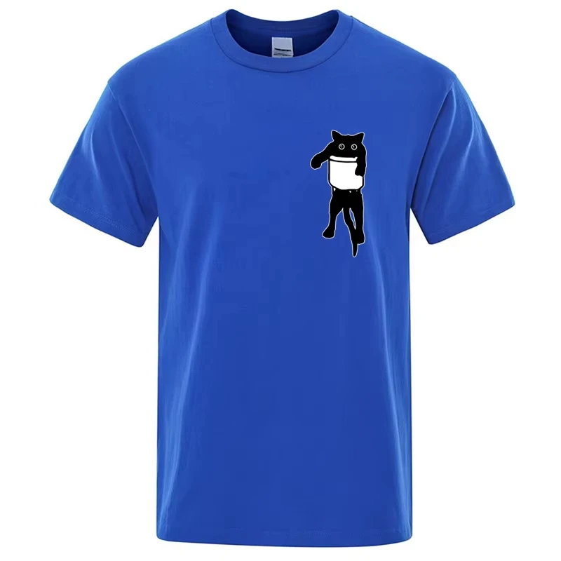 الصيف الرجال عالية الجودة تي شيرت 100% القطن مضحك جيب القط طباعة الرجال فضفاض كول س الرقبة تي شيرت للرجال قصيرة الأكمام الذكور المحملة