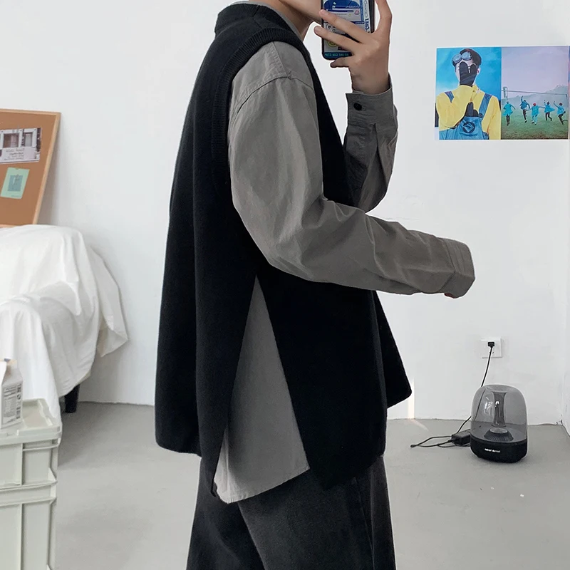 Knitted Sweater Vest Men's College Style Ins Design Outerwear Sleeveless Trendy Shoulder Pad Trend Pure Color round Neck Vest