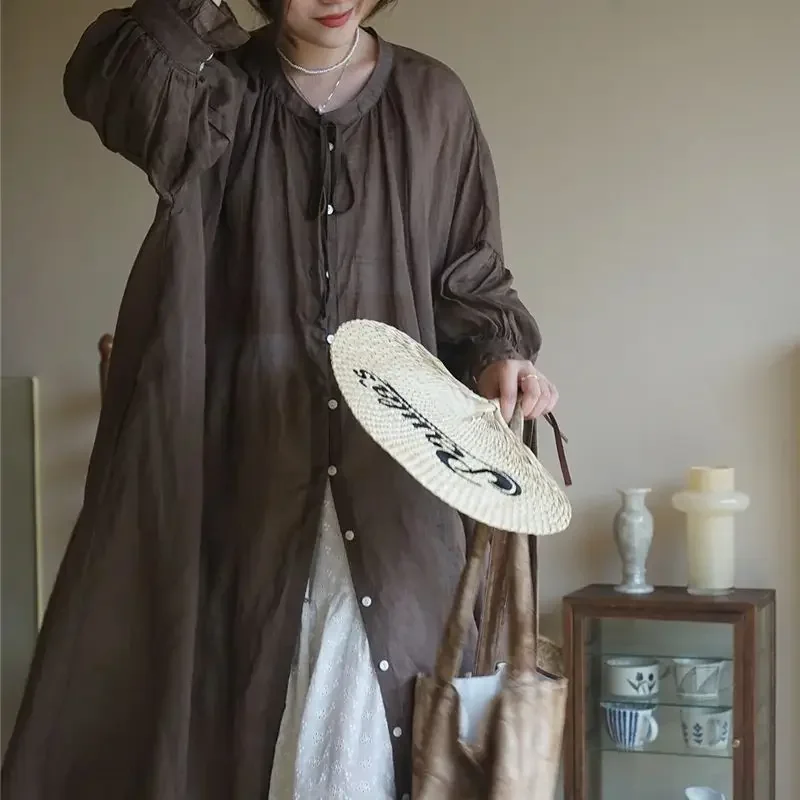 Herfst Nieuwe Franse Vintage Ramee Shirt Jurk Vrouwen Lantaarn Mouw Ontwerp Jurken Losse Dunne Dameskleding