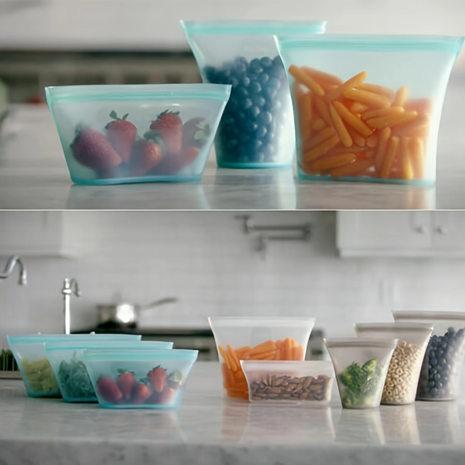 8pcs Reusable Silicone Food Bags Containers - Microwave Safe for Soup & Leftovers - 3 Cups, 3 Dishes & 2 Bags