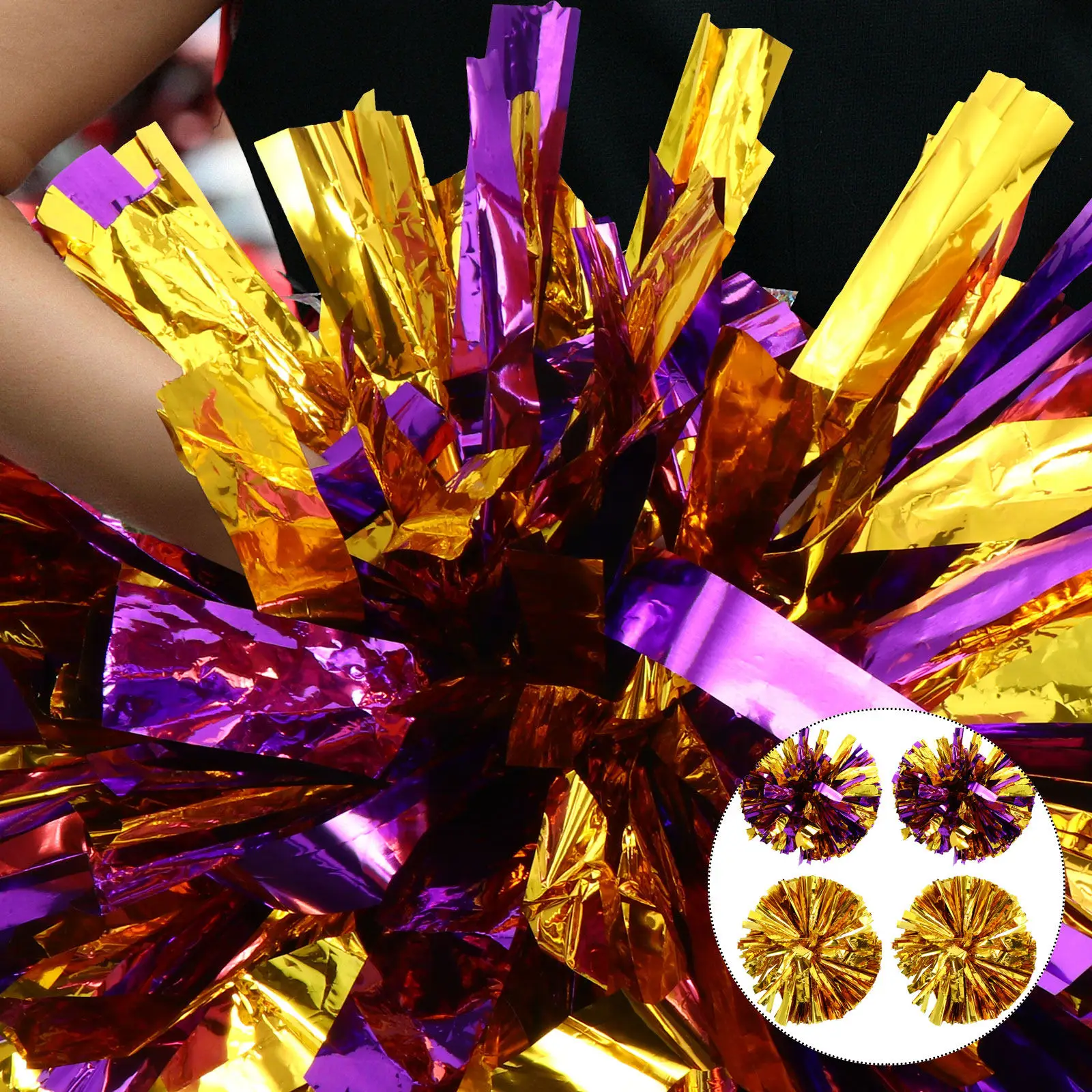 4Pcs Metallic Cheerleader Pom Poms Pet Glossy Sparkle Cheer Poms for School Sports Events Dance Competitions Cheerleading Squad