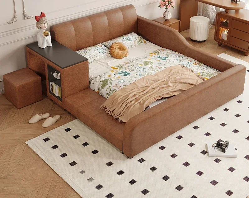 

Leather with desk integrated children's modern simple multi-functional French retro soft bag parent-child bed