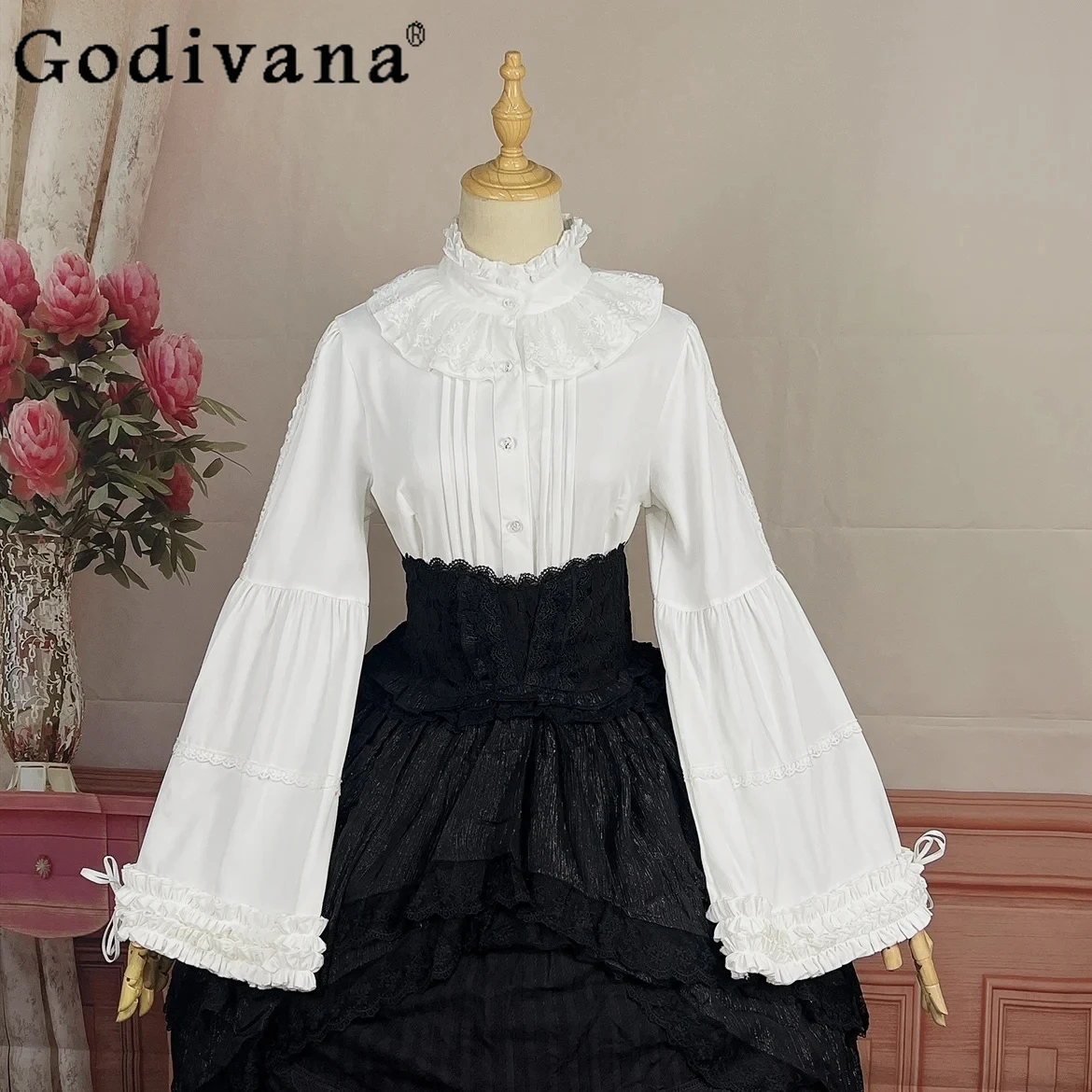 

Japanese Lolita Shirt Female Court Style Retro Slim-Fit Elegant Inside Blouses Women Gothic Flared Sleeve Shirts Tops Mujer