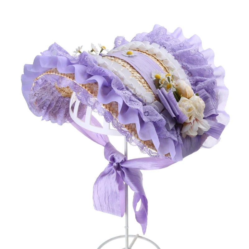 Teas Party SunHat Floral Straw Hat Lolit Straw Hat Victorian Bonnet Lace Fascinators For Women Victorian Headdress