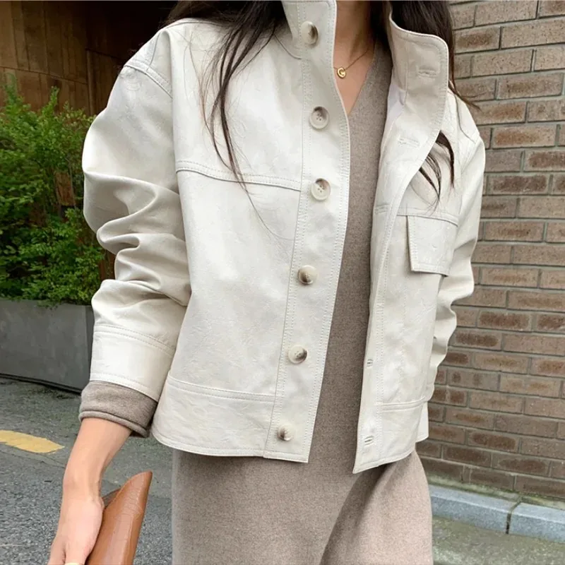 Beige PU Leather Jacket Woman Autumn Winter Streetwear Single Breasted Leather Coat Female Korean Chic Corp Jacket Stand Neck