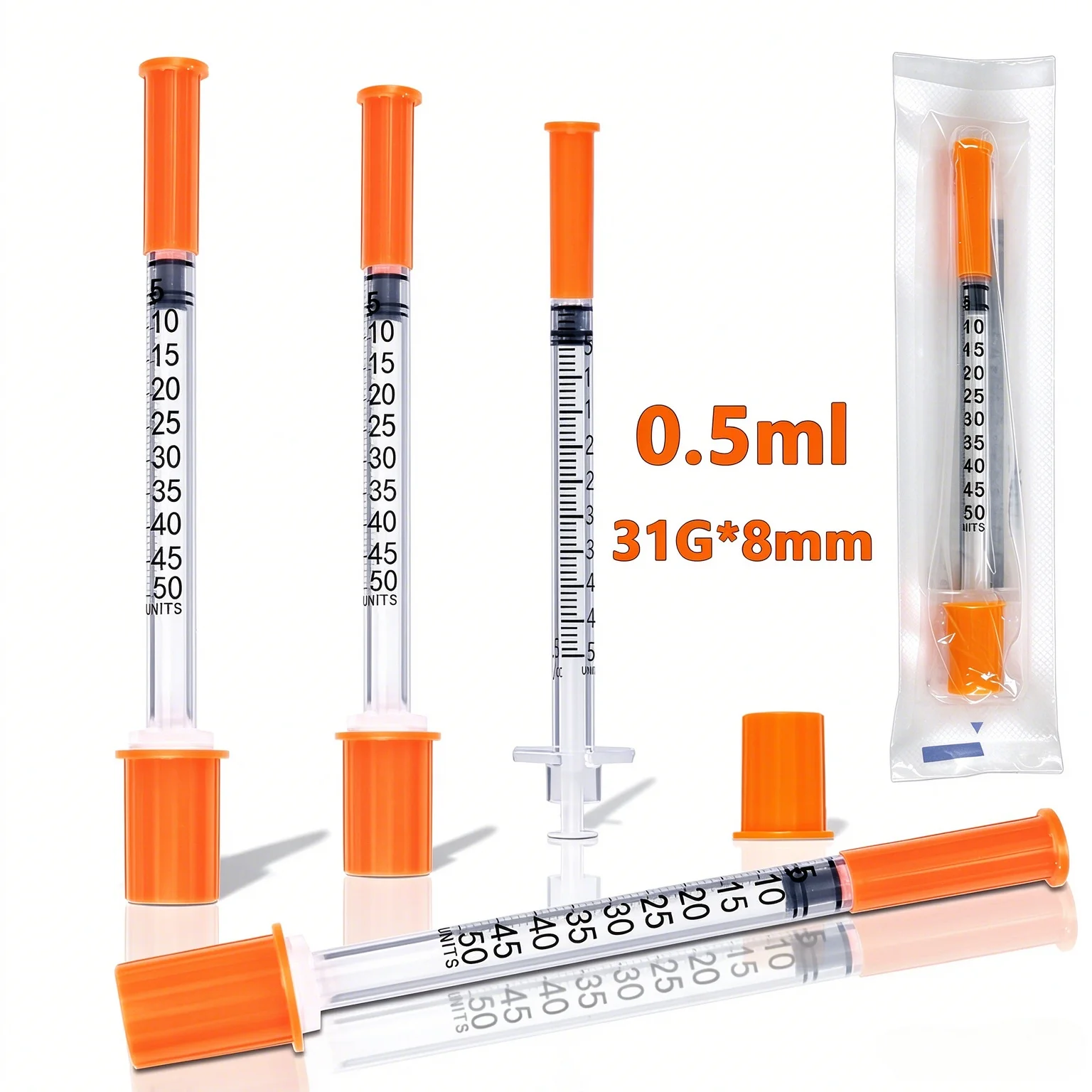 100/30Pcs 0.5ml/cc Syringe with Needle,31G*8mm,Disposable Sterile Orange Insulin Syringe Individually Packed for Feeding Pets