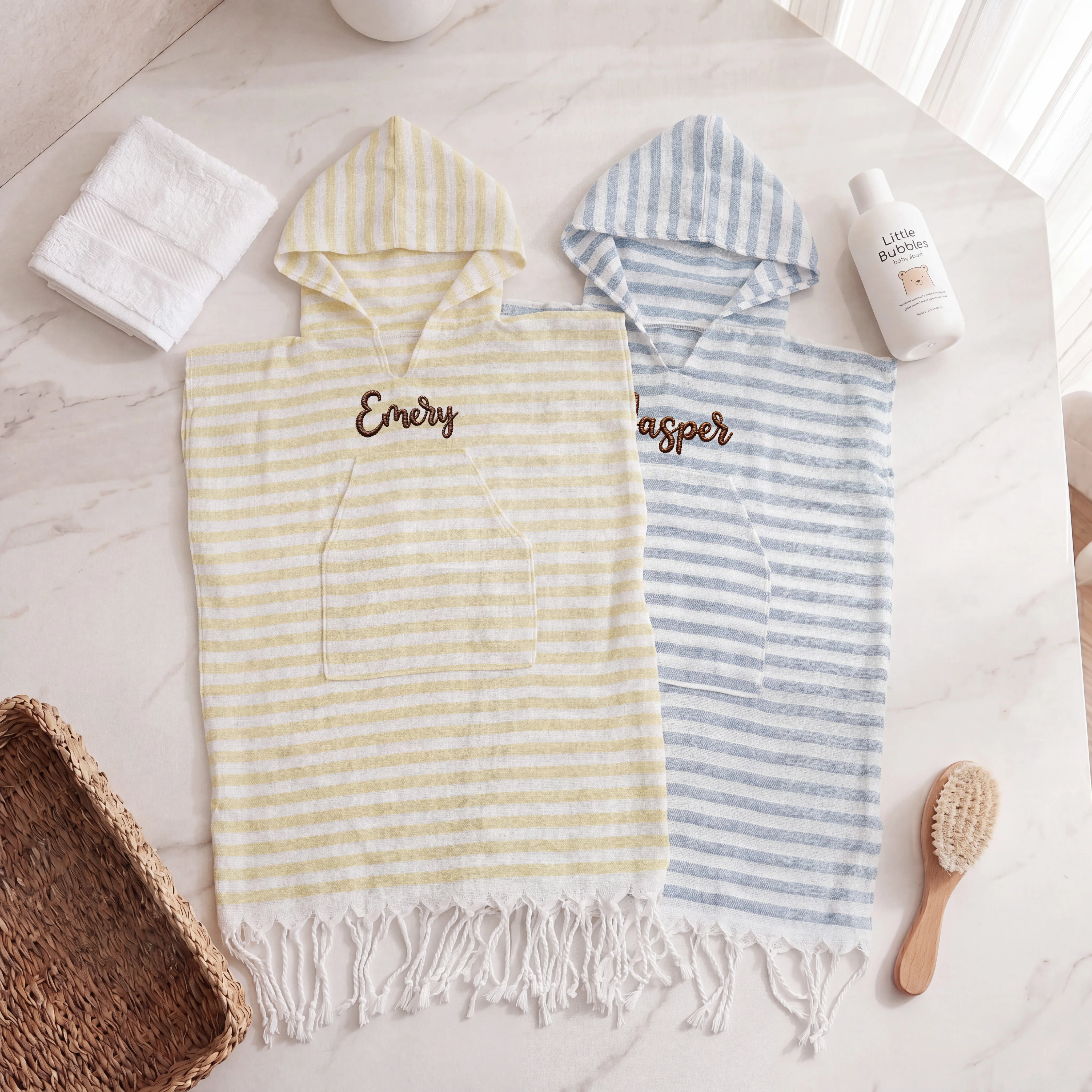 1pc Custom Name Embroidered Kids Beach Poncho, Striped Hooded Beach Towel Cover Up, Toddler Pool Changing Robet, Baby Shower Gif