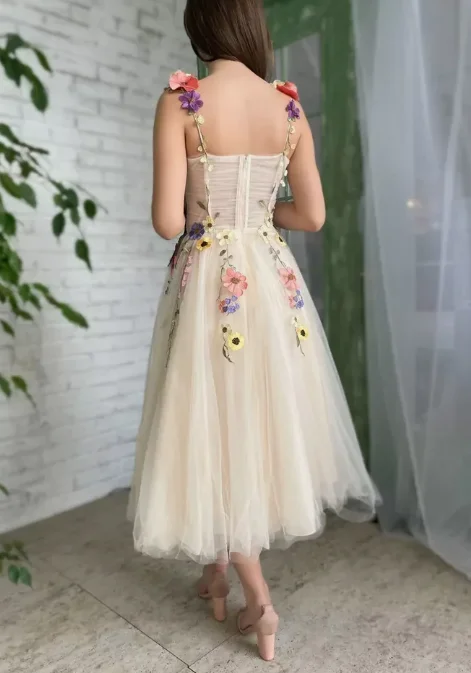 Fairy Banquet Dress A-Line Spaghetti Strap Sleeveless Mid-Calf Wedding Dress with flowers For Wedding Birthday Holiday