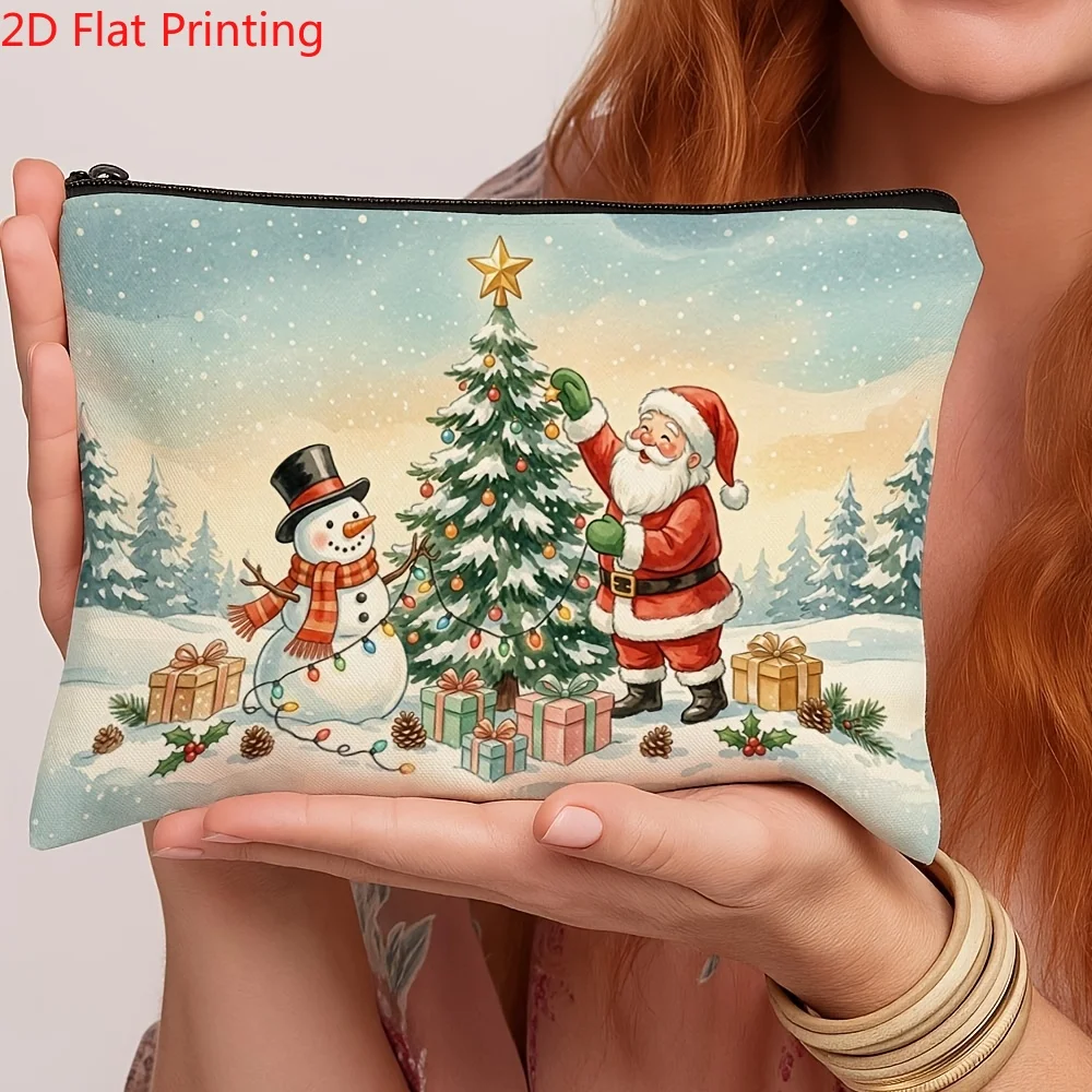 Watercolor Santa Snowman Canvas Cosmetic Bag Christmas Tree Gift Print Zipper Pouch Travel Makeup Storage Bag Holiday Gift