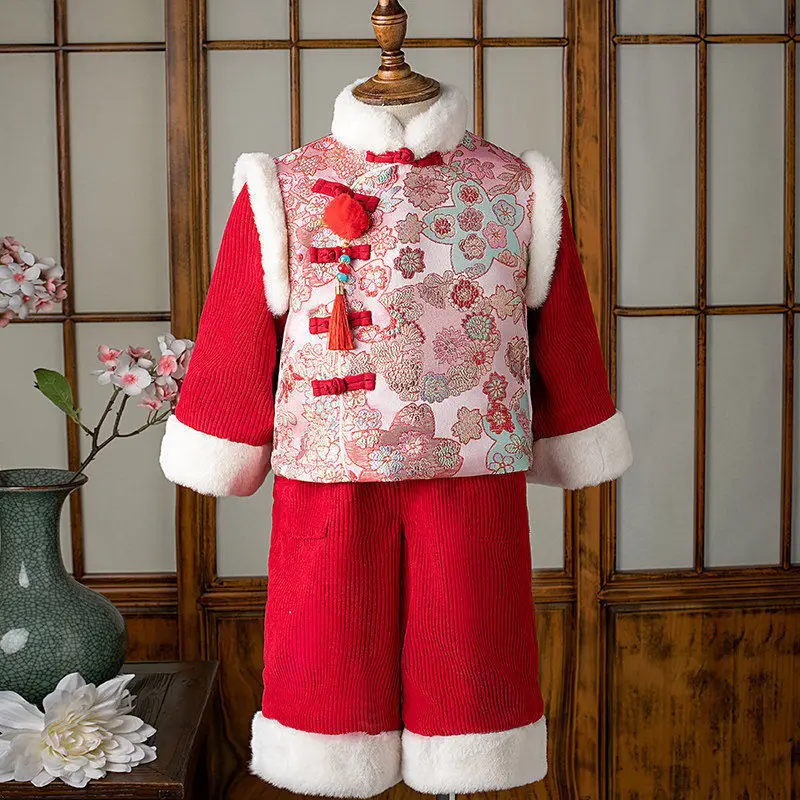 

Chinese Style New Year Outfit for Children Festive First Birthday Dress Thickened Chinese Style Hanfu Set Baby Tang Suit