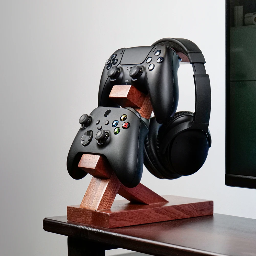 Wooden Controller Stand Headphone Holder For Gamers Stylish GamePad Solid Wood Bracket 3 Layers Storage Rack Game Accessories