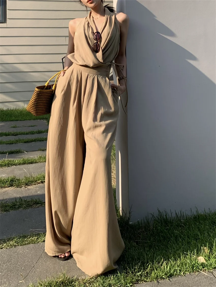 PLAMTEE Elegant Fashion Women Suits Work Wear Solid Chic Camis Summer 2024 New Wide Leg Straight Pants Office Lady Mujer Sets