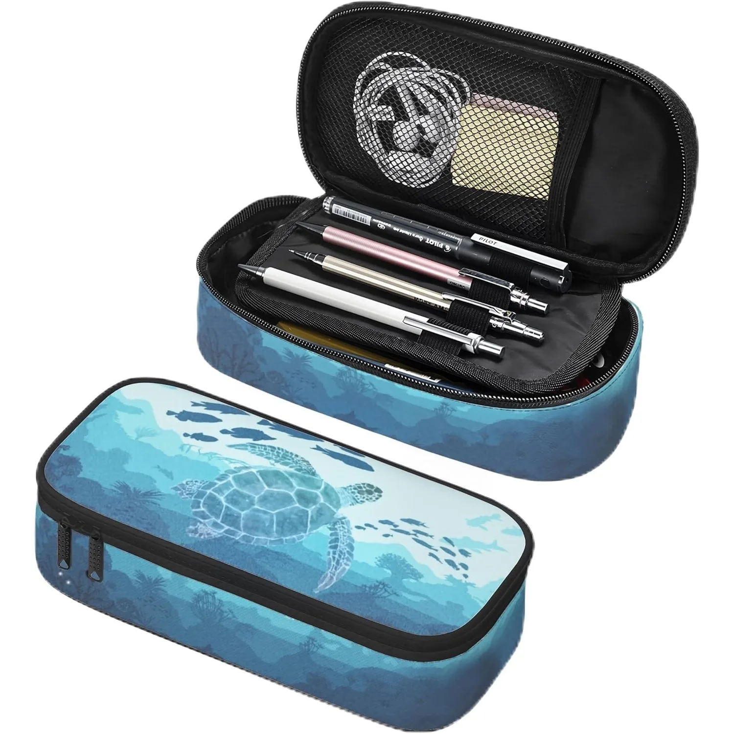 Sea Turtle with Fish Pencil Case Big Capacity Blue Pen Bag with Zipper Animal Themed Pencil Pouch Cosmetic Makeup Bag Organizer