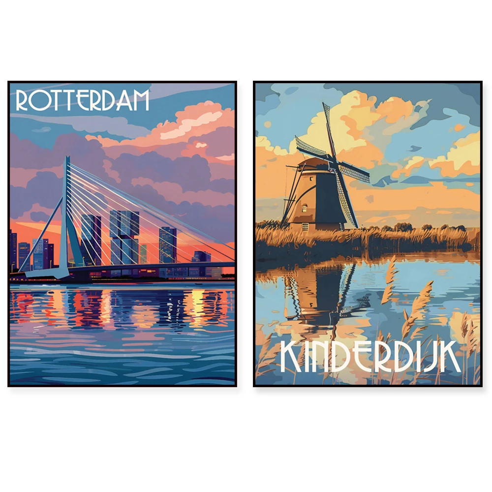Amsterdam canals, Utrecht city, The Hague, Haarlem, Rotterdam, Delft, Keukenhof gardens, Volendam, Netherlands travel poster