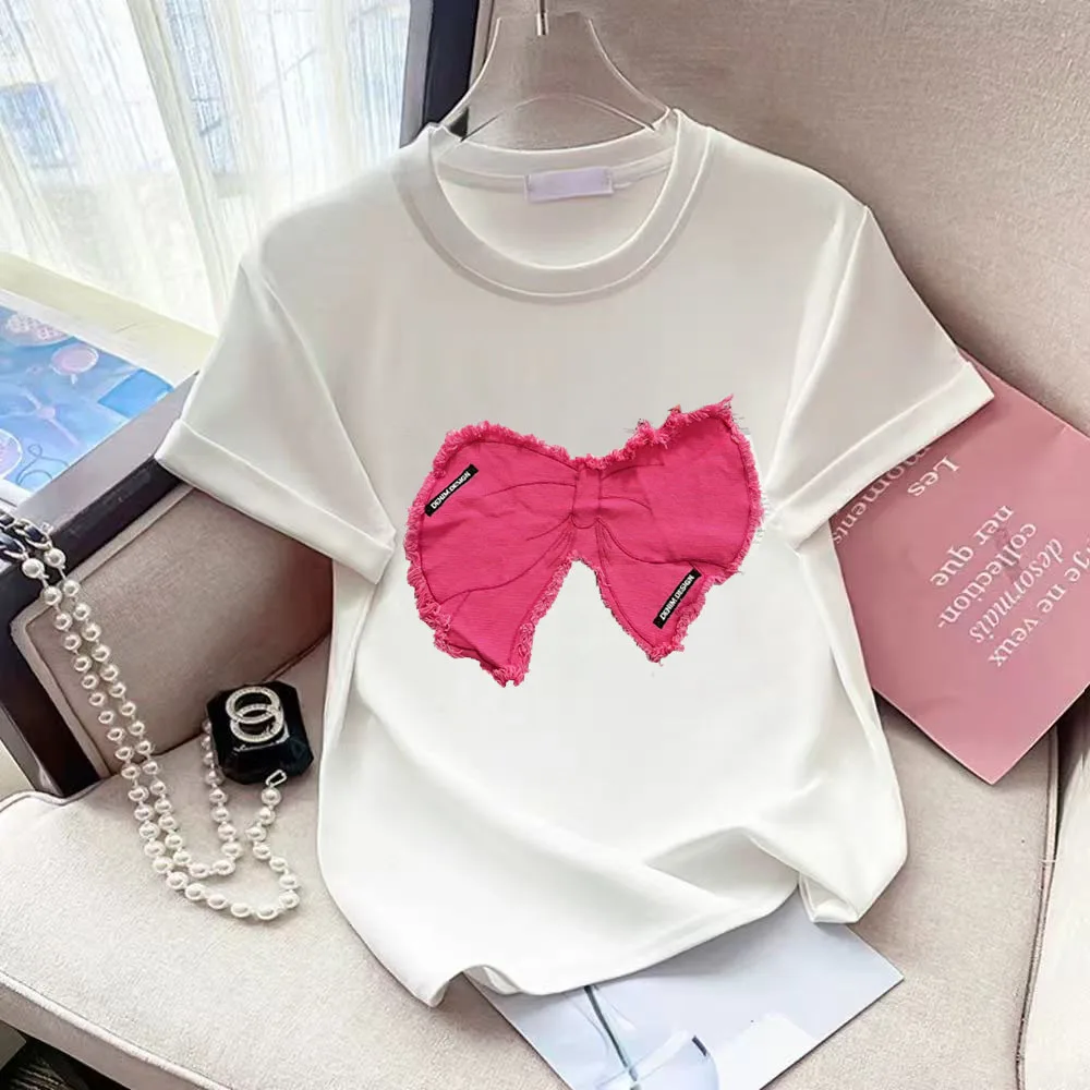 Rose Red Denim Bow Tie O-Neck Short-Sleeved T-shirt Loose 2025 New Half-sleeved Design Sense Niche Summer