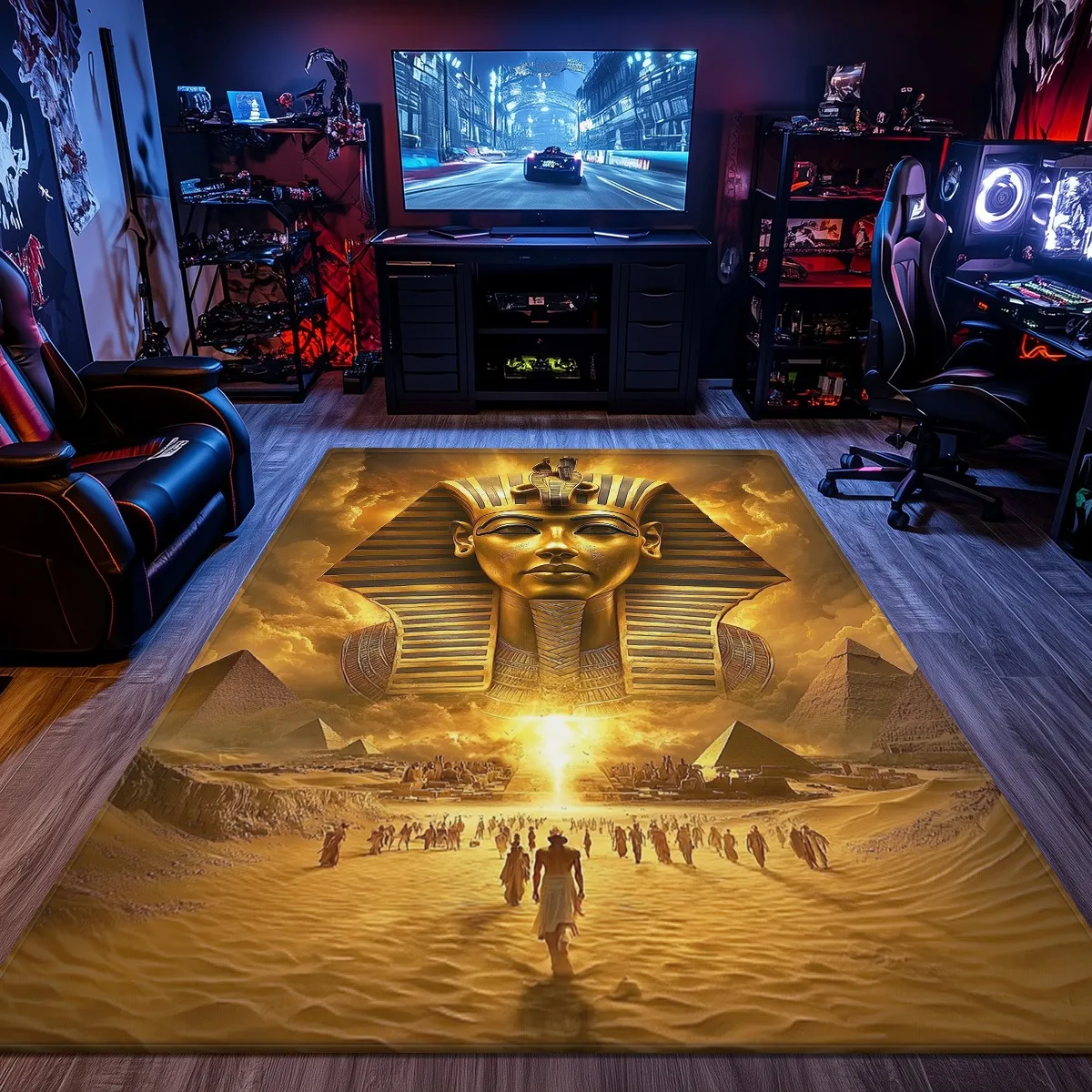 Egyptian Pharaoh Golden Pyramid Crystal Velvet Rug Ancient History Theme Floor Mat Museum Style Decor Soft Non Slip Area Rug