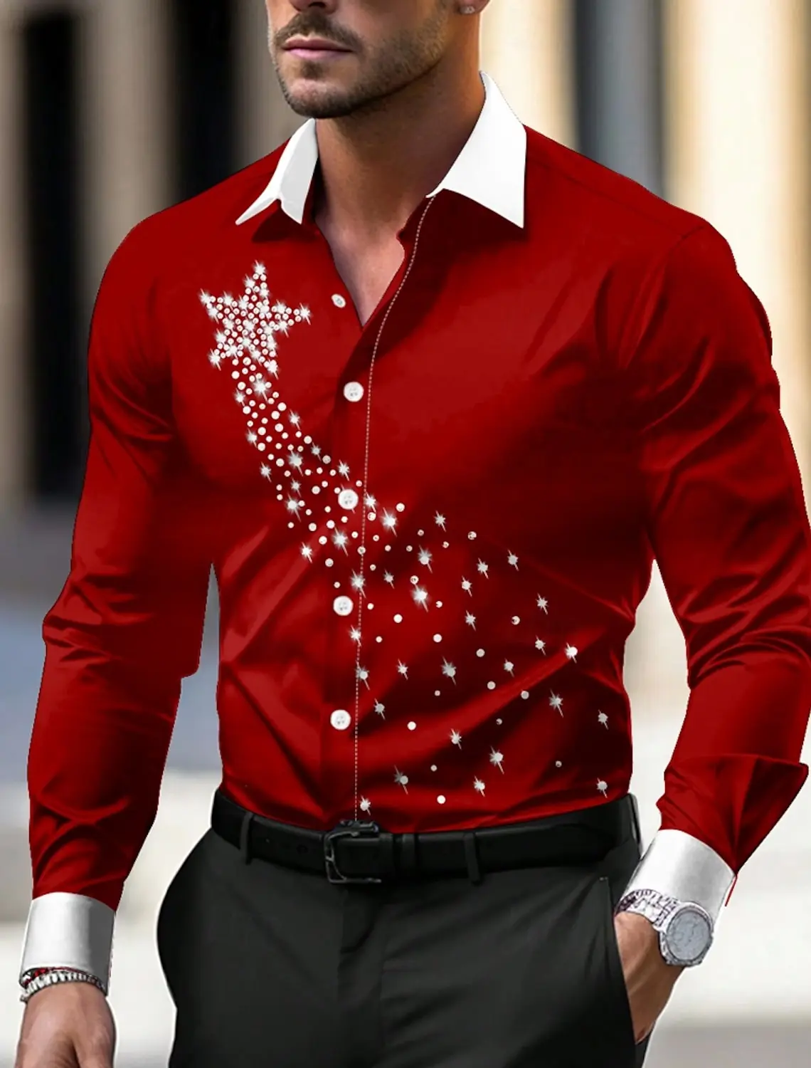 

Мужская рубашка с длинными рукавами, повседневная модная рубашка со звездным принтом, мужская рубашка с лацканами, топ с длинными рукавами, подарок на Новый год