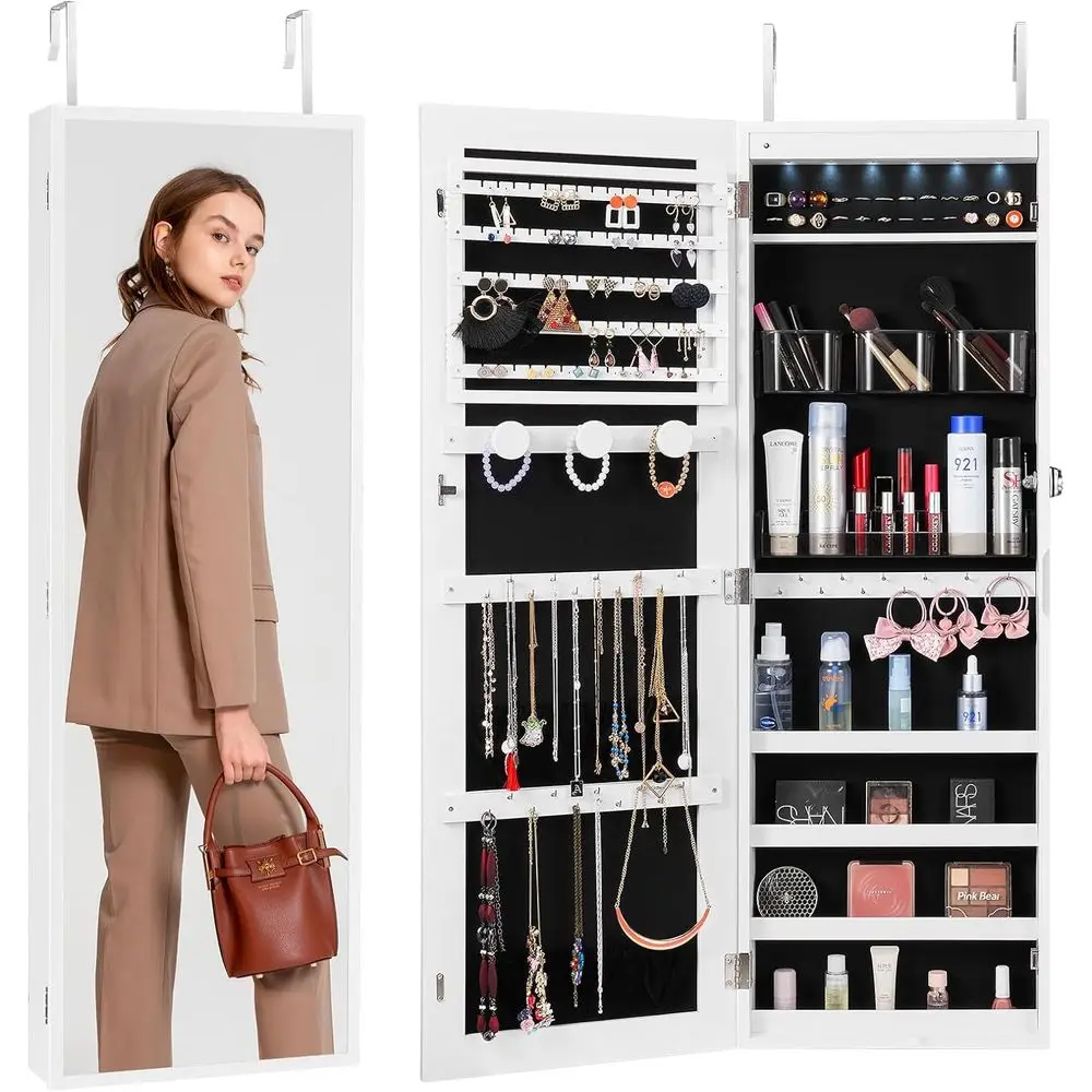 

42.5 Tall Lockable Jewelry Armoire with Full-Length Mirror, LED Lights, and Velvet Lining - White