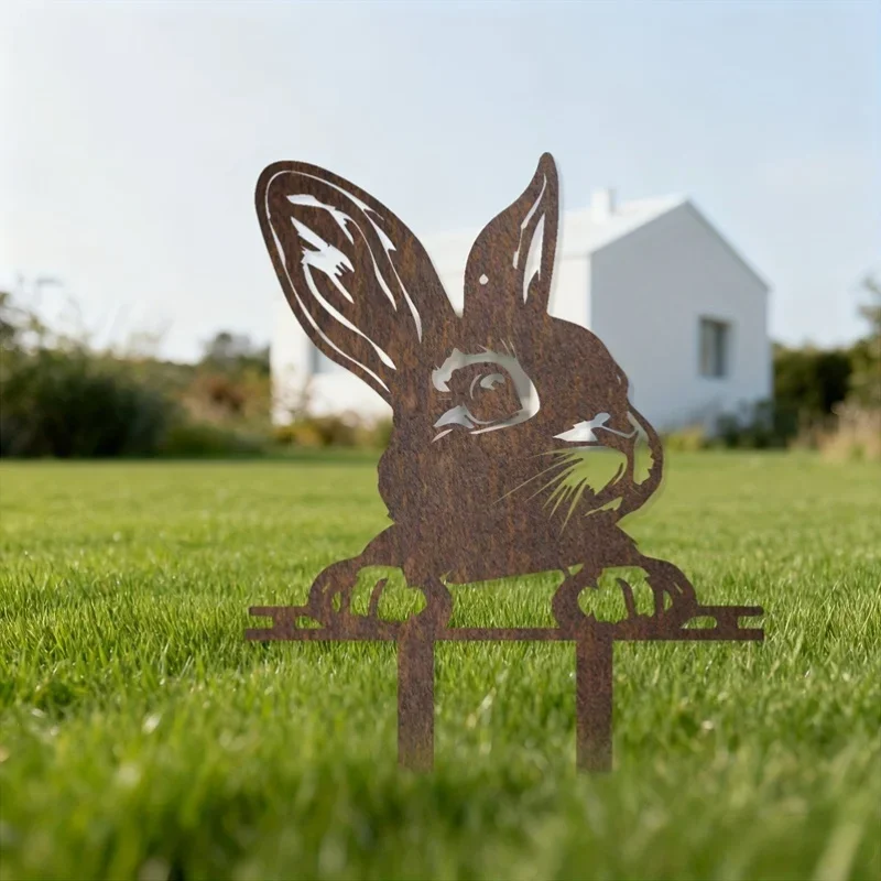 【2D Flat】Rusty Metal Rabbit Garden Stake – Vintage Farmhouse Outdoor Decor with Realistic Eyes – Easy Ground Insert for Yard