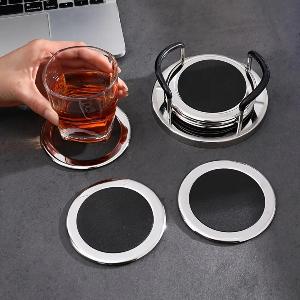 6PCS/SET Round Stainless Steel Coaster Minimalist Waterproof Insulation Cup Mat Thickened with Storage Rack Non-Slip Coaster