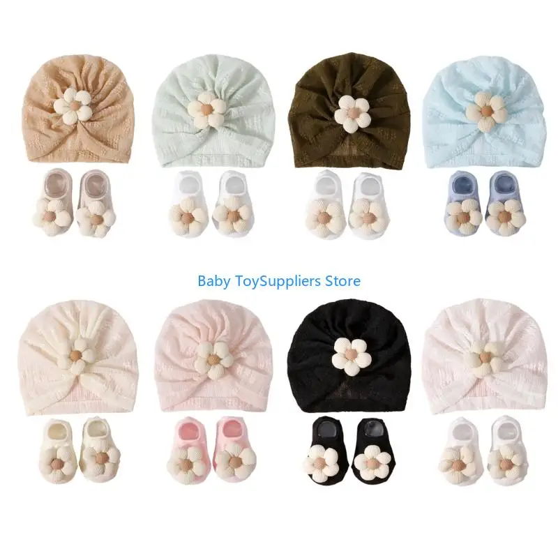 

R1WF Unisex Toddler Hat and Socks Set Lovely Infants Turban Caps with Matching Floor Socks Breathable Baby Headwear