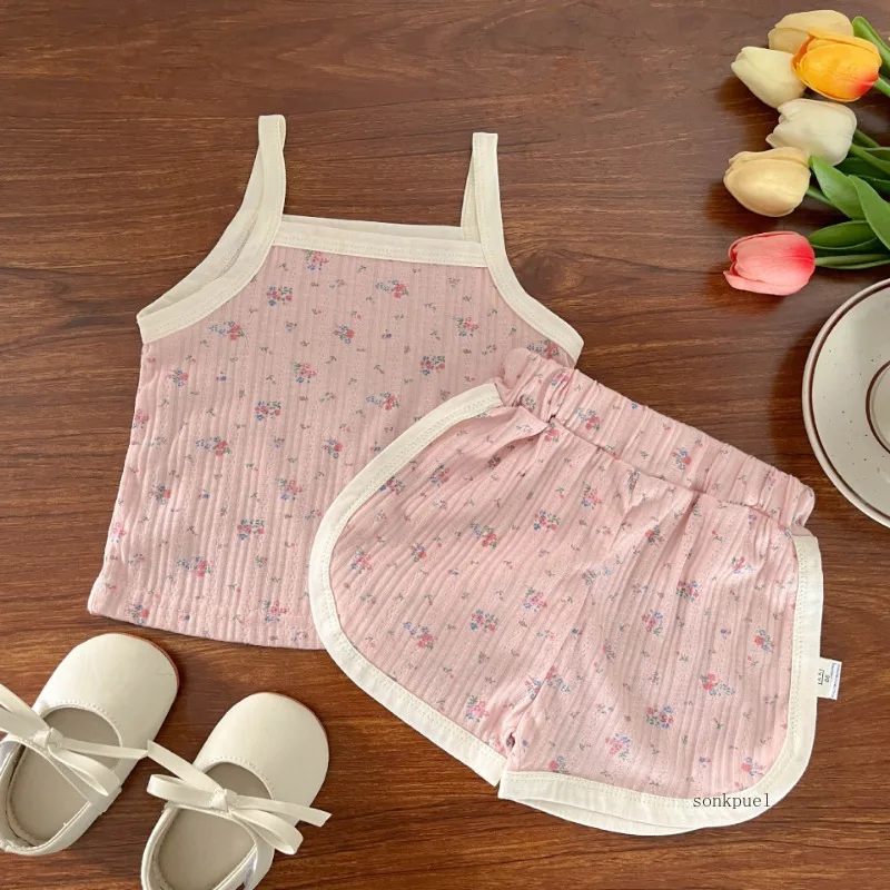 Baby Clothes Sets Summer Toddler Girl Strap Suits Cotton Printing Tops +Shorts Infant Tracksuit Newborn Sets