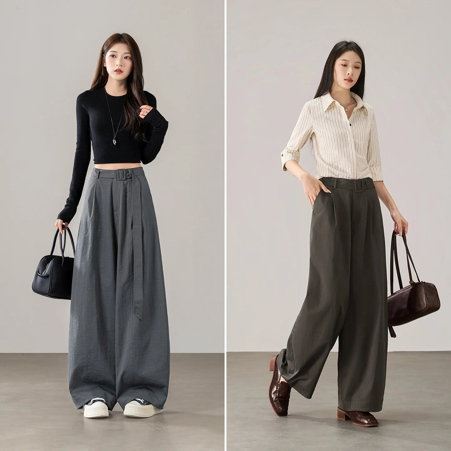 SENTUBILA Women Autumn Wide‑Leg Pants 2026 New Slouchy Loose Commuter Office Wear Long Trousers with Detachable Belt W63KA8330
