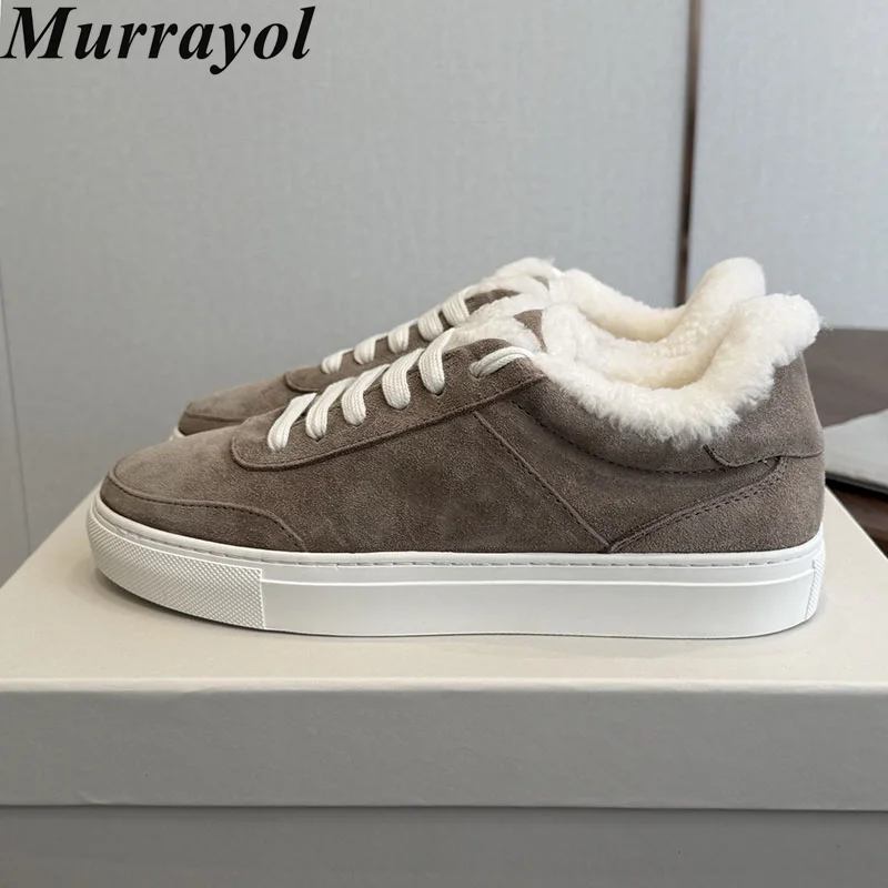 Flats Women Winter Warm Wool Lining Sneakers Cow Suede Lace Up Flat Shoes Ladies Comfort Non Slip Casual Walking Shoes 2026