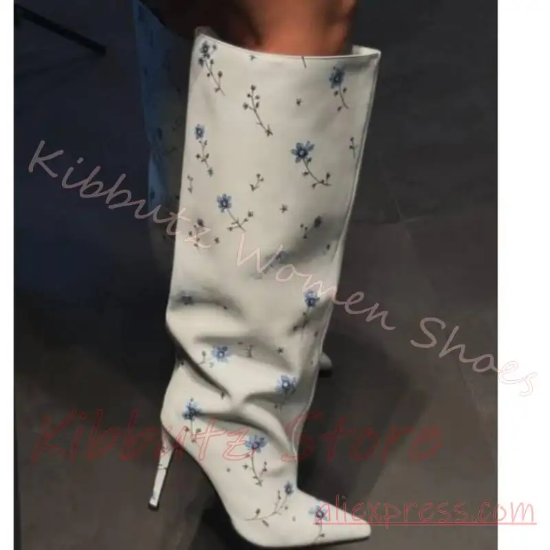 Knee High Boots Floral Printed Wrinkled Pointed Toe Stiletto Women Leather Slip-On Elegant Shoes Mixed Color Fashion Elegant New