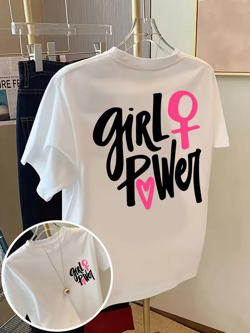 Girl Power Women's Strength Graphic T-Shirt, Casual Loose Crew Neck Short Sleeve, Pink Letter Print Spring Summer Daily Top