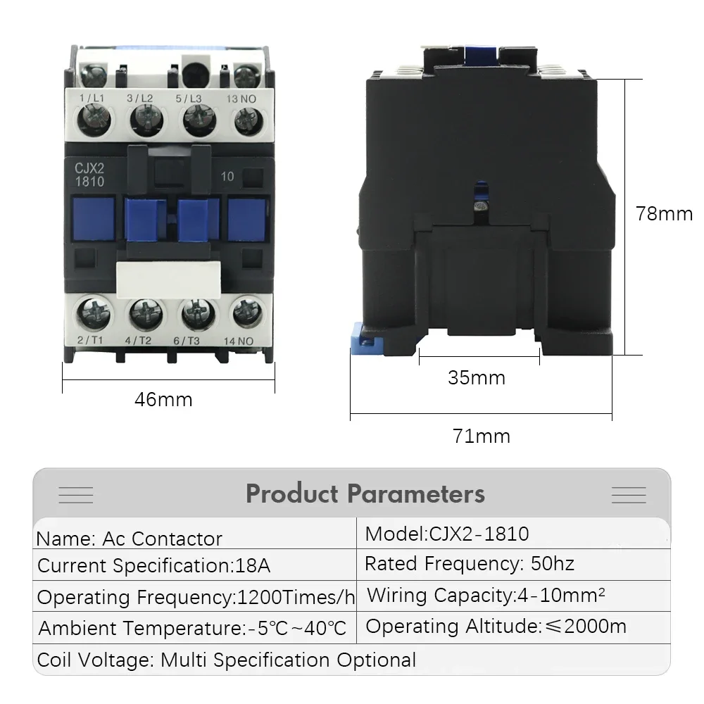 CJX2-1810 LC1 AC Contactor 18A 3 Phase 3-Pole NO Coil Voltage 380V 220V 110V 36V 24V 50/60Hz Din Rail Mounted 3P+1NO Normal Open