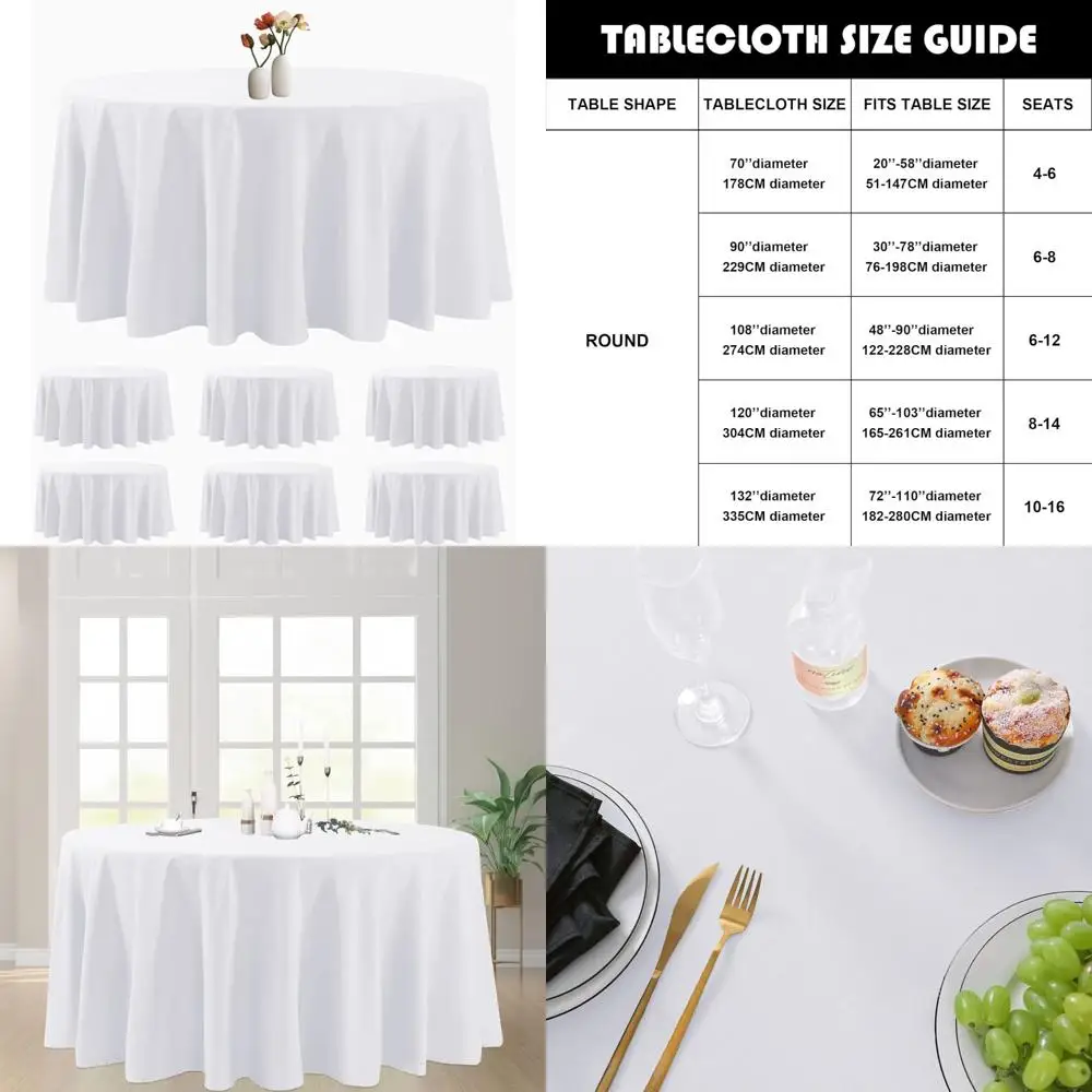 

Stain and Wrinkle Resistant 132 Inch White Polyester Round Tablecloth - Washable Table Cover for Party Events