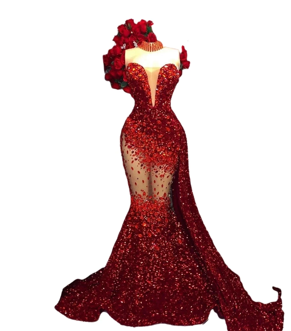 Sparkly Red Sequins African Evening Dresses Crystal Illusion Beaded Prom Dresses Aso Ebi Style Handmade Robes De Bal