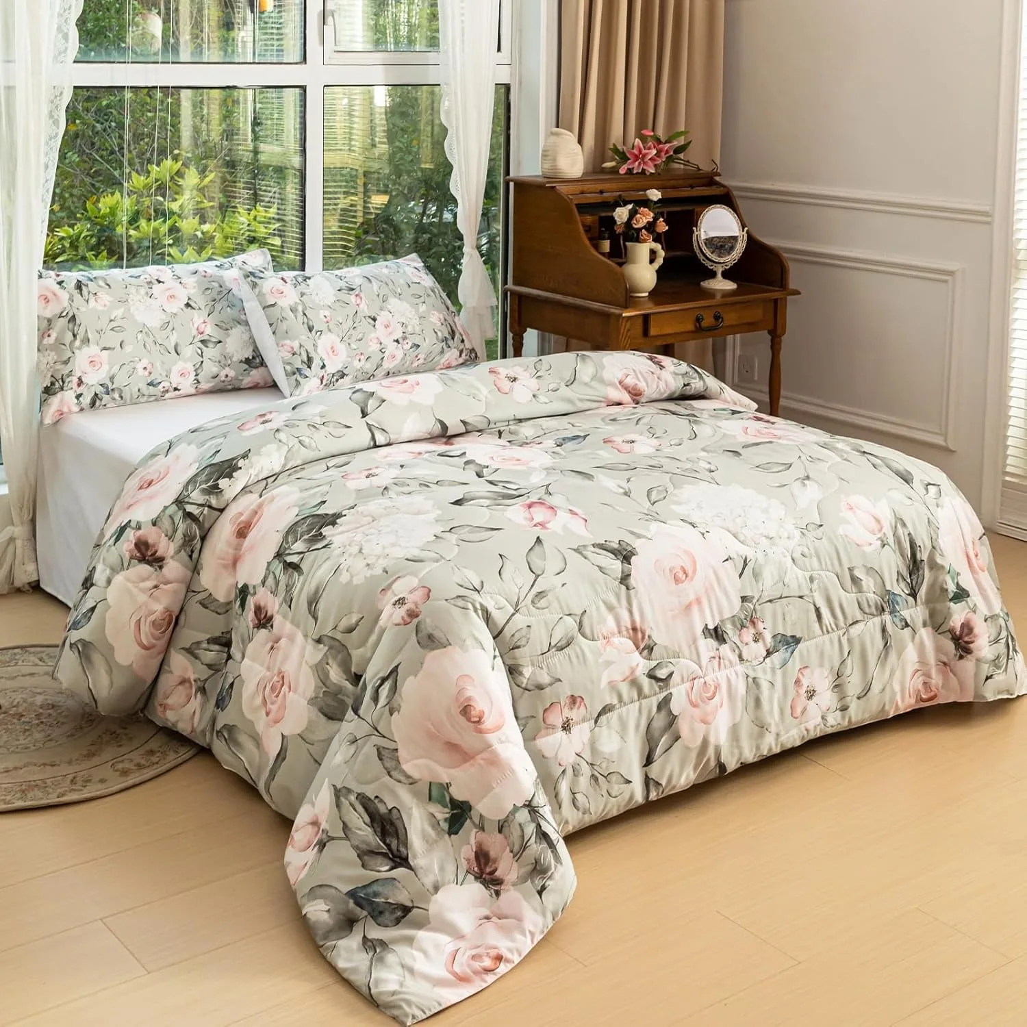 Set Queen - Vintage Aesthetic Rose Floral Bedding with Botanical Leaf Print Pattern Modern Trendy Flower Bed Set for Women