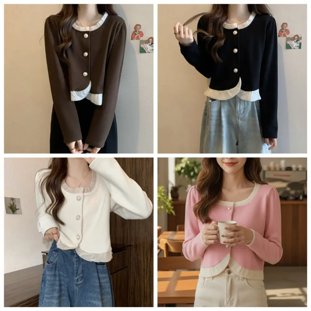 Maglioni femminili in pizzo solido manica lunga maglieria dolce allentata stile preppy top da donna cardigan donna Y2K streetwear