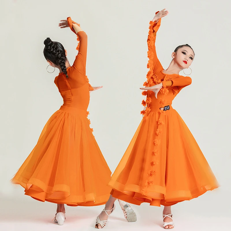 3 Colors Waltz Ballroom Dance Competition Dresses Girls National Standard Latin Dance Dress Kids Stage Performance Wear SL9220