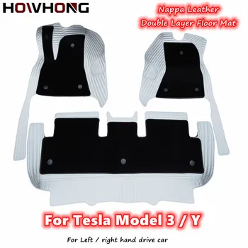 테슬라 모델 3 Y용 3D 자동차 바닥 매트, 나파 가죽, 이중 레이어 전체 서라운드 발 패드, 보호 인테리어 액세서리, 2018- 2023